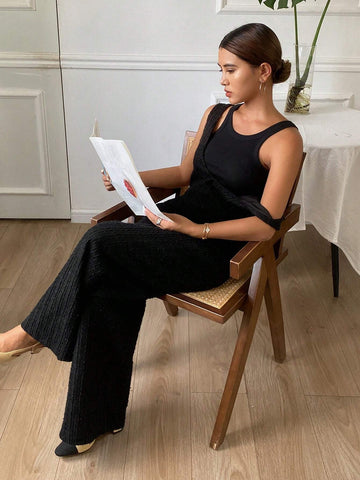 DAZY 1pc Women's Solid Color Jumpsuit Textured V-Neck Sleeveless Jumpsuit