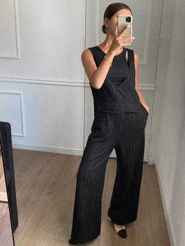 DAZY 1pc Women's Solid Color Jumpsuit Textured V-Neck Sleeveless Jumpsuit