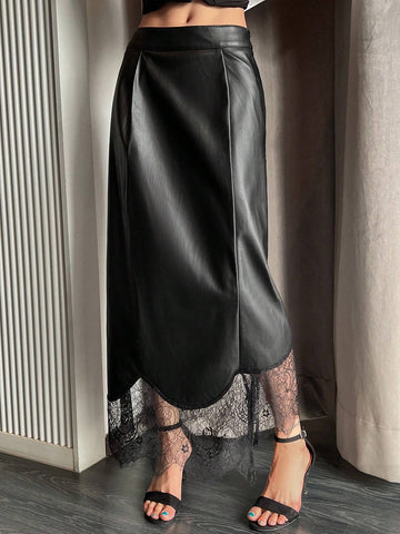 DAZY 1pc Women's Solid Color Lace Patchwork Asymmetric Straight PU Skirt