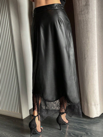 DAZY 1pc Women's Solid Color Lace Patchwork Asymmetric Straight PU Skirt