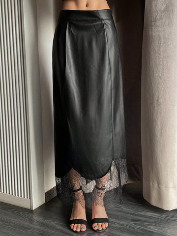 DAZY 1pc Women's Solid Color Lace Patchwork Asymmetric Straight PU Skirt