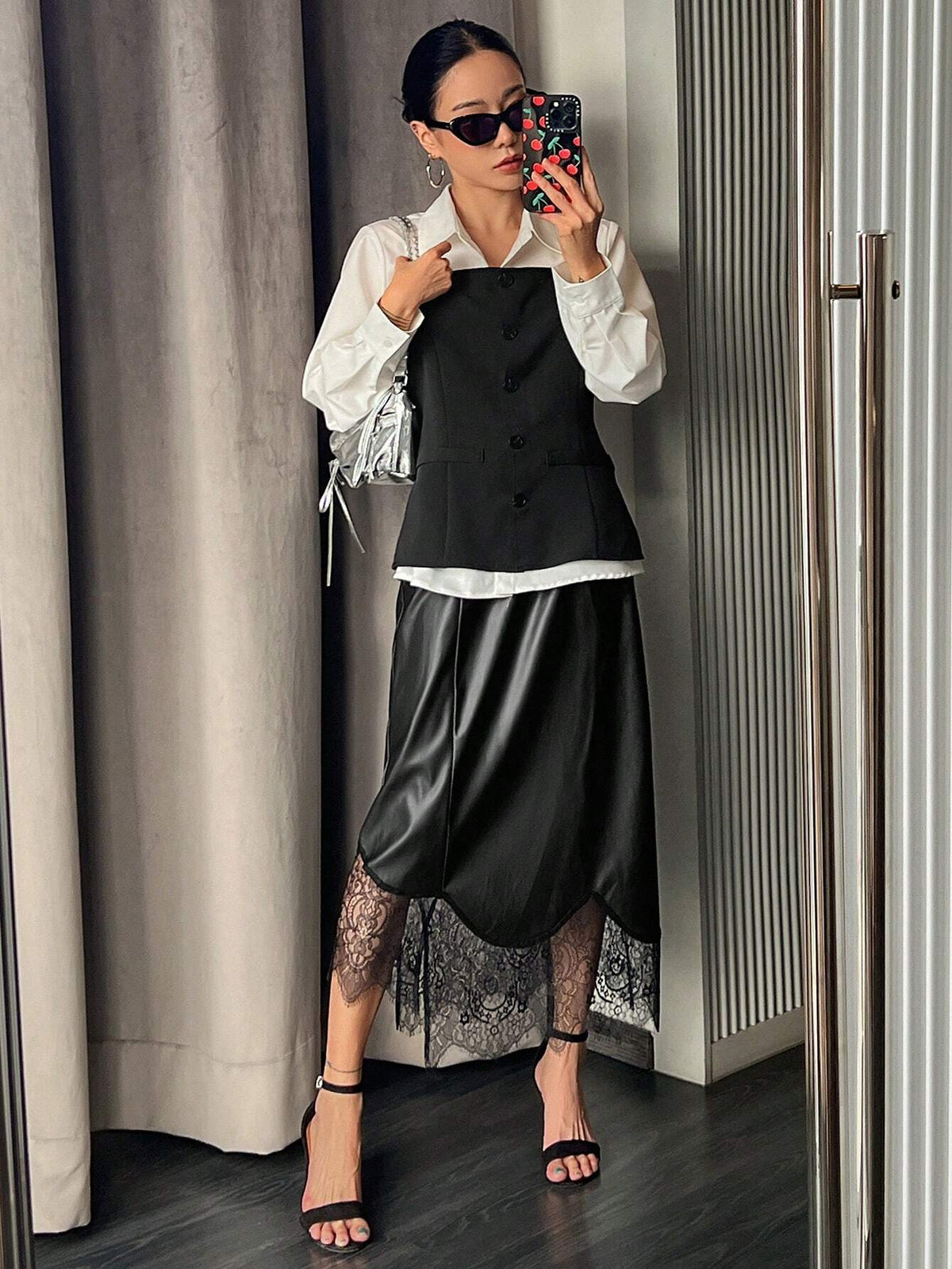 DAZY 1pc Women's Solid Color Lace Patchwork Asymmetric Straight PU Skirt