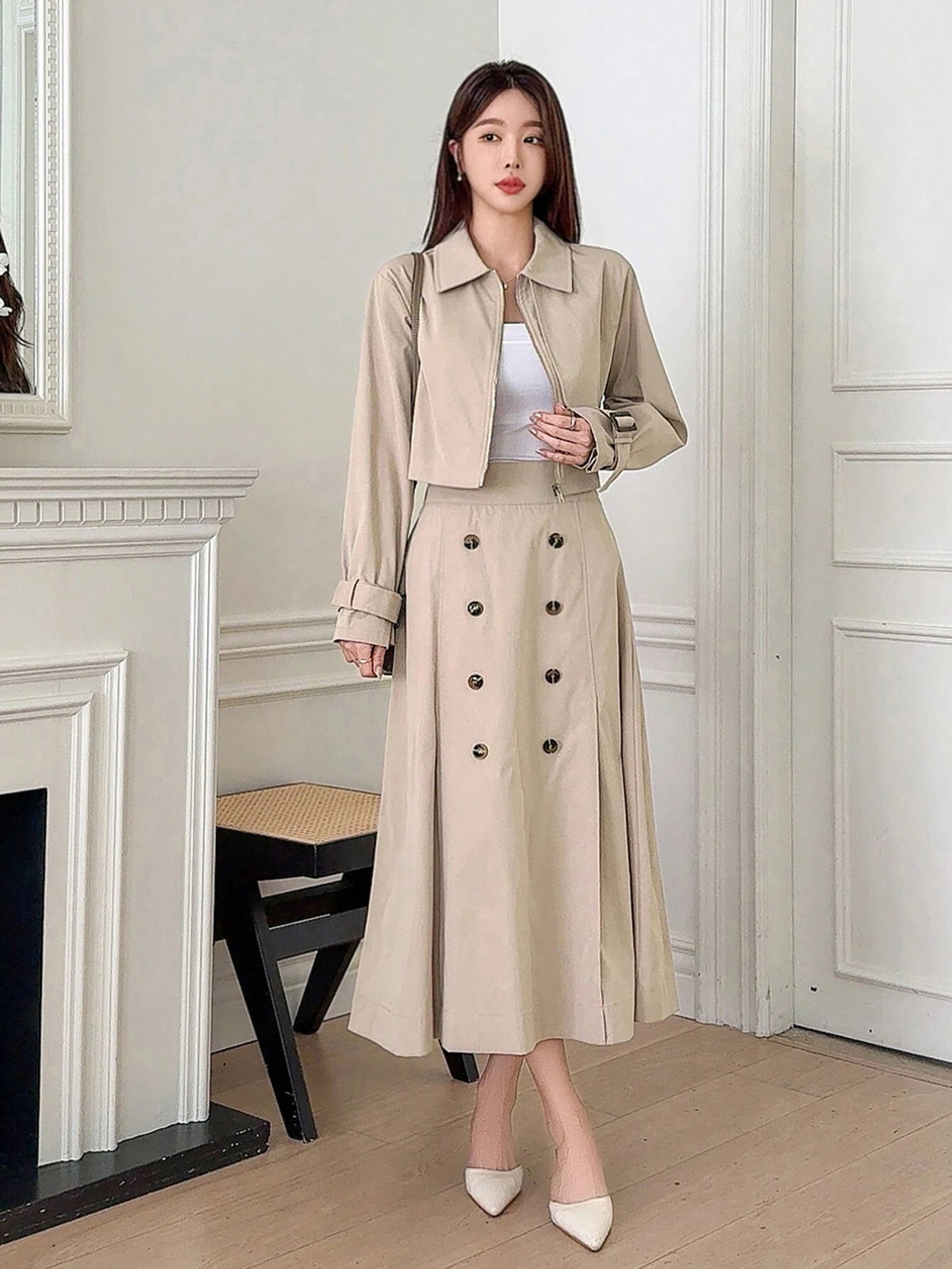 DAZY 2-Piece Set: Solid Color Windbreaker Jacket And A-Line Skirt For Women