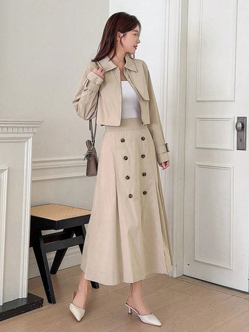 DAZY 2-Piece Set: Solid Color Windbreaker Jacket And A-Line Skirt For Women