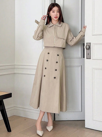 DAZY 2-Piece Set: Solid Color Windbreaker Jacket And A-Line Skirt For Women