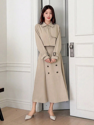 DAZY 2-Piece Set: Solid Color Windbreaker Jacket And A-Line Skirt For Women