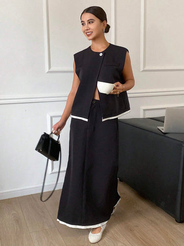 DAZY 2 Pcs Women's Contrast Trim Button Front Sleeveless Top And Skirt Set
