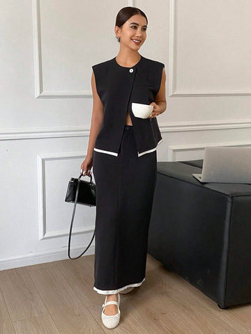 DAZY 2 Pcs Women's Contrast Trim Button Front Sleeveless Top And Skirt Set