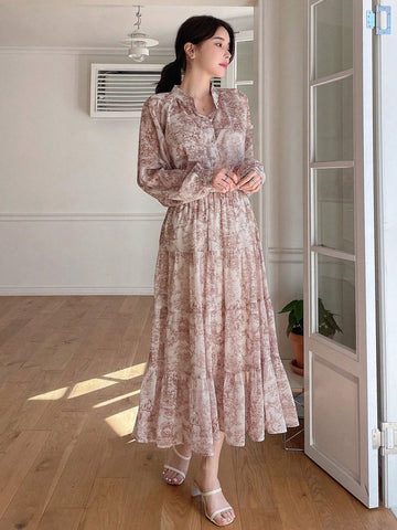 DAZY 2pcs/Set Chiffon Floral Print Long Sleeve Blouse And Elastic Waist Skirt