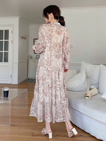 DAZY 2pcs/Set Chiffon Floral Print Long Sleeve Blouse And Elastic Waist Skirt