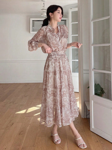 DAZY 2pcs/Set Chiffon Floral Print Long Sleeve Blouse And Elastic Waist Skirt