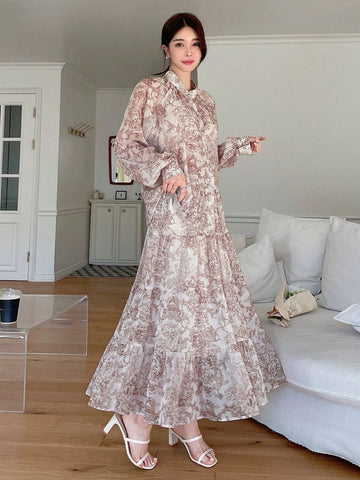 DAZY 2pcs/Set Chiffon Floral Print Long Sleeve Blouse And Elastic Waist Skirt