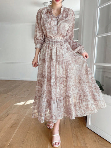 DAZY 2pcs/Set Chiffon Floral Print Long Sleeve Blouse And Elastic Waist Skirt