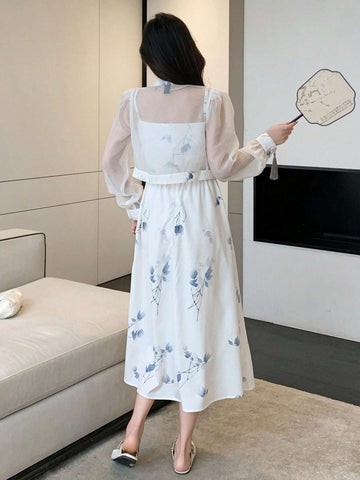 DAZY 2pcs/Set Ink And Wash Style Buttoned Crop Top & Printed Strap Dress