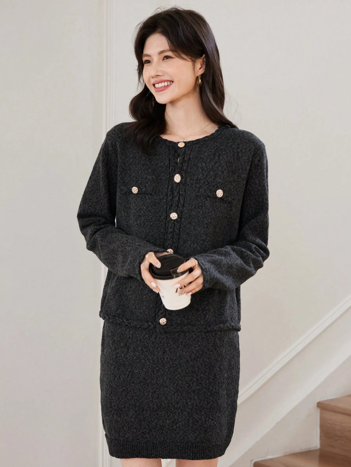 DAZY 2pcs/Set Korean Style Knitted Sweater Dress Outfit, Fashion, For Autumn
