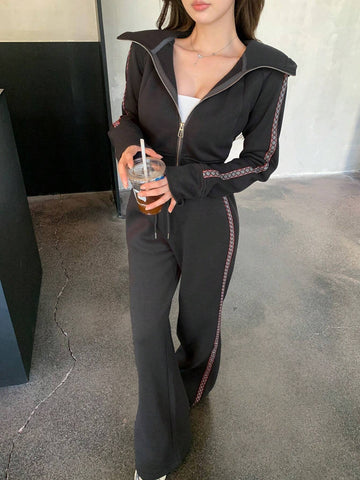 DAZY 2pcs/Set Women Casual Contrast Color Patchwork Ribbon Zipper Long Sleeve Top And Pants Set