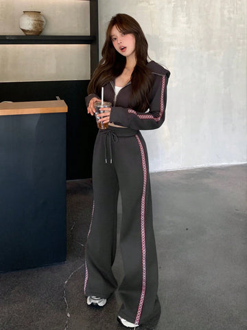 DAZY 2pcs/Set Women Casual Contrast Color Patchwork Ribbon Zipper Long Sleeve Top And Pants Set