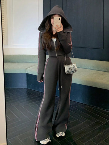 DAZY 2pcs/Set Women Casual Contrast Color Patchwork Ribbon Zipper Long Sleeve Top And Pants Set