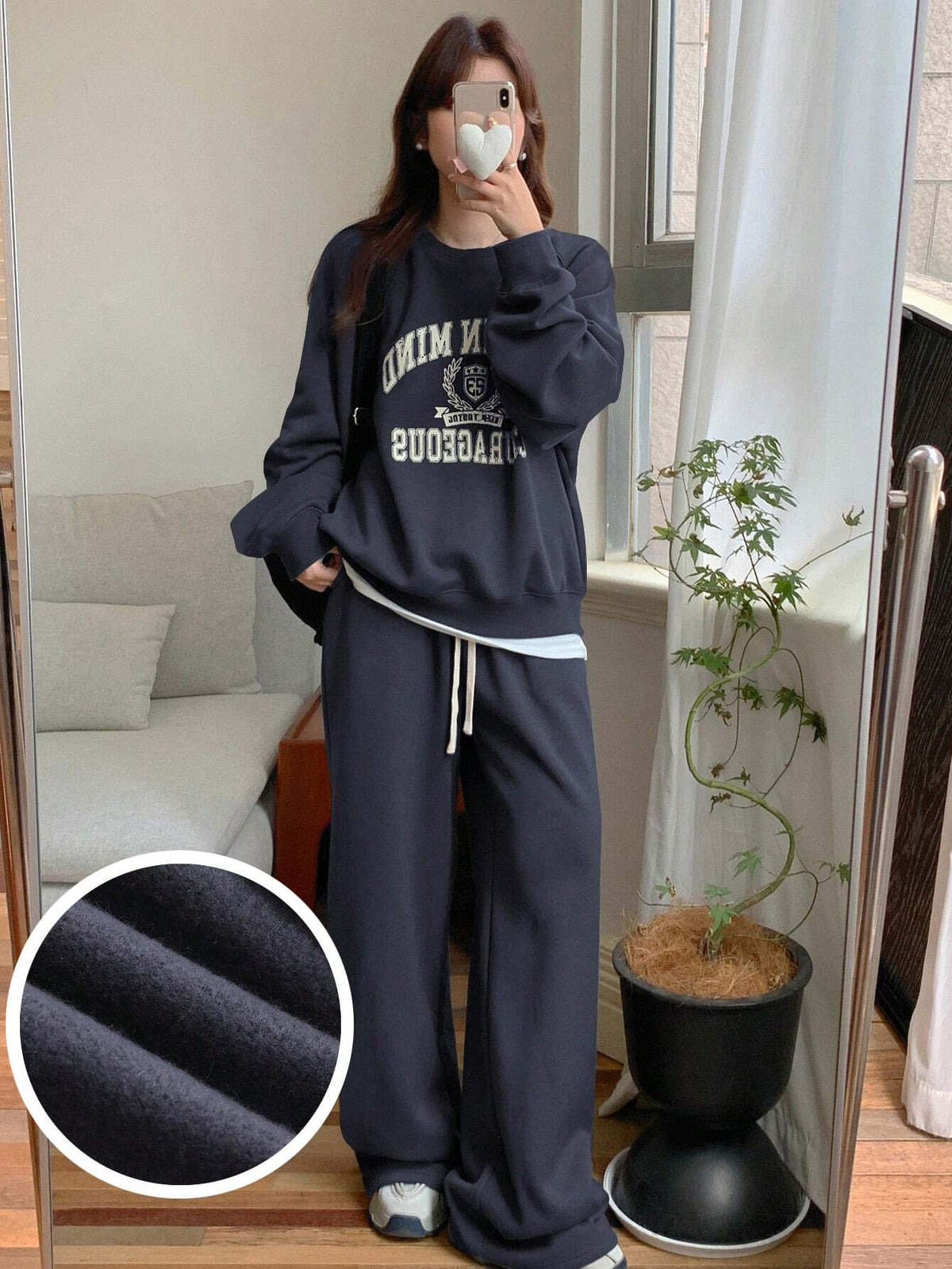 DAZY Women Letter Print Crew Neck Long Sleeve Top And Drawstring Long Pants, Casual 2pcs Set