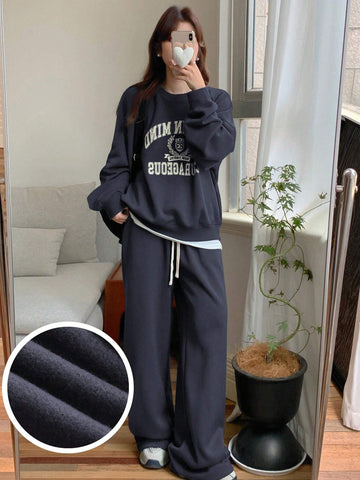 DAZY Women Letter Print Crew Neck Long Sleeve Top And Drawstring Long Pants, Casual 2pcs Set