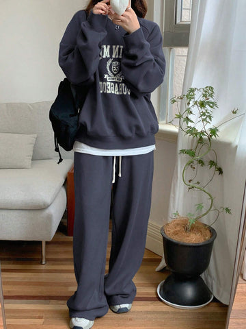 DAZY Women Letter Print Crew Neck Long Sleeve Top And Drawstring Long Pants, Casual 2pcs Set