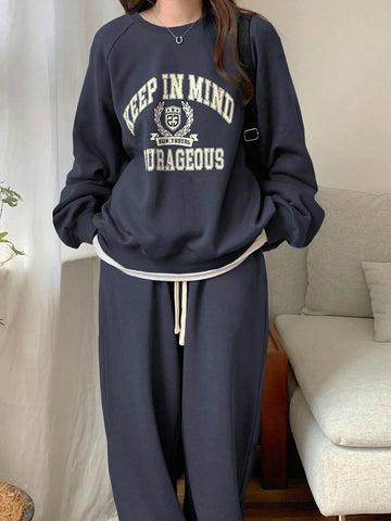 DAZY Women Letter Print Crew Neck Long Sleeve Top And Drawstring Long Pants, Casual 2pcs Set