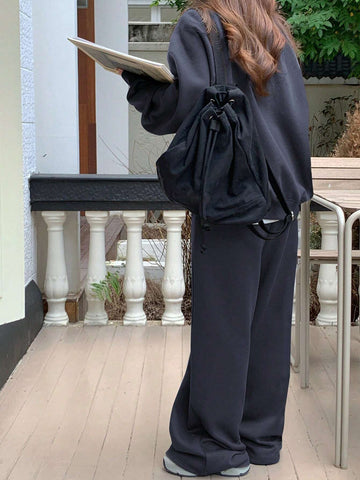 DAZY Women Letter Print Crew Neck Long Sleeve Top And Drawstring Long Pants, Casual 2pcs Set