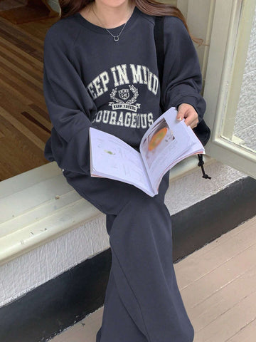 DAZY Women Letter Print Crew Neck Long Sleeve Top And Drawstring Long Pants, Casual 2pcs Set