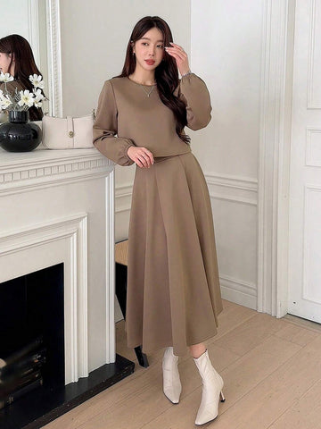 DAZY 2pcs/Set Women Plain Crew Neck Cropped Top And A-Line Skirt