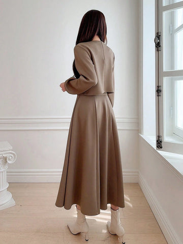 DAZY 2pcs/Set Women Plain Crew Neck Cropped Top And A-Line Skirt