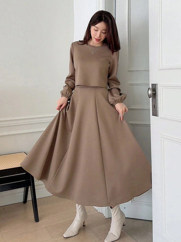 DAZY 2pcs/Set Women Plain Crew Neck Cropped Top And A-Line Skirt