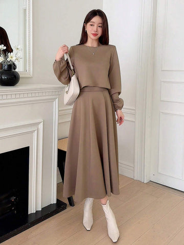 DAZY 2pcs/Set Women Plain Crew Neck Cropped Top And A-Line Skirt