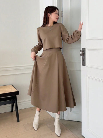 DAZY 2pcs/Set Women Plain Crew Neck Cropped Top And A-Line Skirt