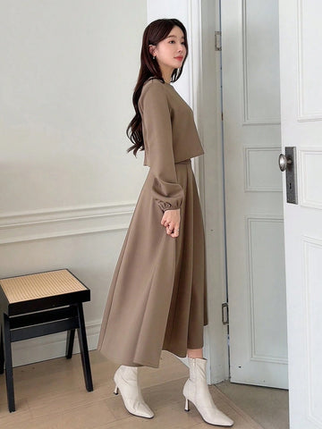 DAZY 2pcs/Set Women Plain Crew Neck Cropped Top And A-Line Skirt