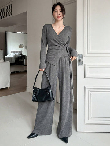 DAZY 2pcs/Set Women Solid Color V-Neck Tie-Up T-Shirt And Wide Leg Pants