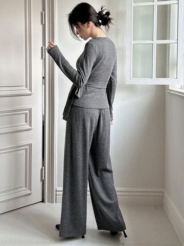 DAZY 2pcs/Set Women Solid Color V-Neck Tie-Up T-Shirt And Wide Leg Pants