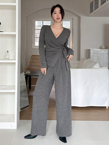 DAZY 2pcs/Set Women Solid Color V-Neck Tie-Up T-Shirt And Wide Leg Pants