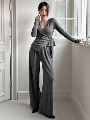 DAZY 2pcs/Set Women Solid Color V-Neck Tie-Up T-Shirt And Wide Leg Pants