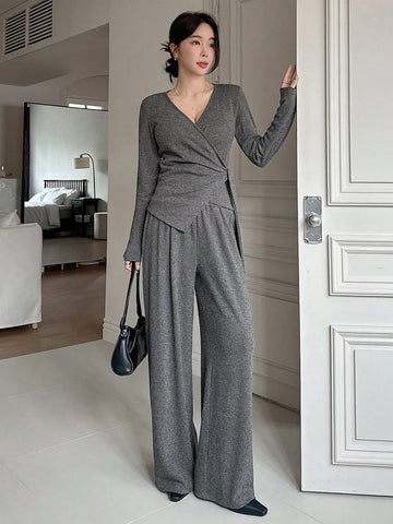 DAZY 2pcs/Set Women Solid Color V-Neck Tie-Up T-Shirt And Wide Leg Pants