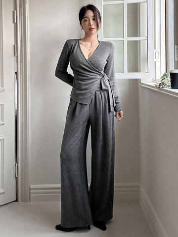 DAZY 2pcs/Set Women Solid Color V-Neck Tie-Up T-Shirt And Wide Leg Pants