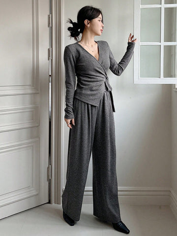 DAZY 2pcs/Set Women Solid Color V-Neck Tie-Up T-Shirt And Wide Leg Pants