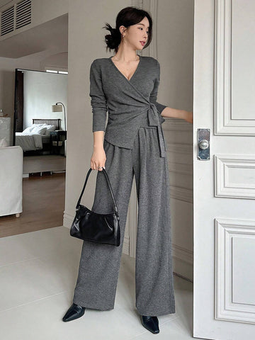 DAZY 2pcs/Set Women Solid Color V-Neck Tie-Up T-Shirt And Wide Leg Pants