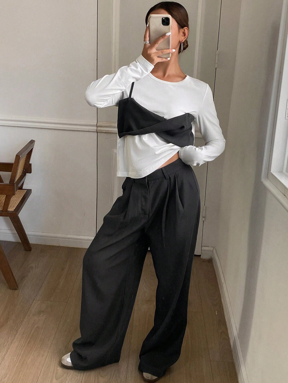 DAZY 2pcs/Set Women's Color Block Long Sleeve Round Neck T-Shirt And Wide Leg Pants