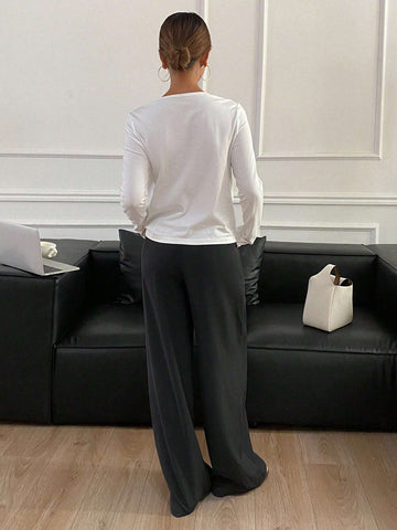 DAZY 2pcs/Set Women's Color Block Long Sleeve Round Neck T-Shirt And Wide Leg Pants