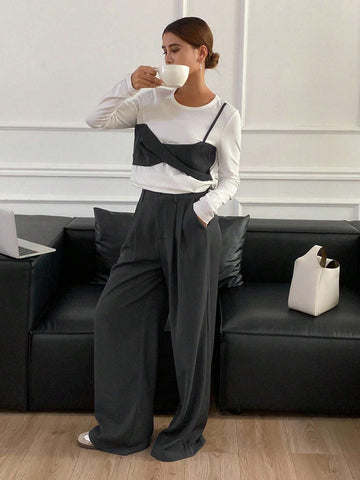 DAZY 2pcs/Set Women's Color Block Long Sleeve Round Neck T-Shirt And Wide Leg Pants