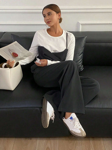 DAZY 2pcs/Set Women's Color Block Long Sleeve Round Neck T-Shirt And Wide Leg Pants