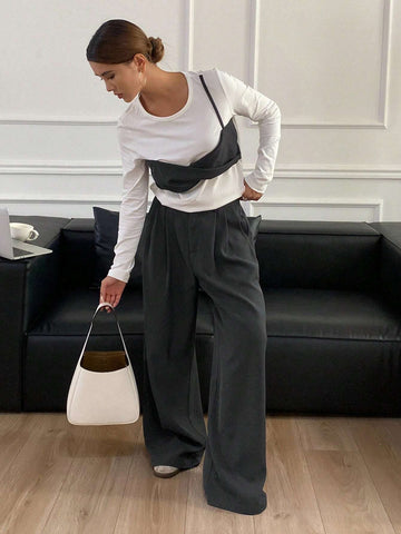 DAZY 2pcs/Set Women's Color Block Long Sleeve Round Neck T-Shirt And Wide Leg Pants