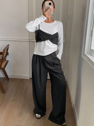 DAZY 2pcs/Set Women's Color Block Long Sleeve Round Neck T-Shirt And Wide Leg Pants