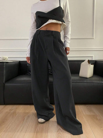 DAZY 2pcs/Set Women's Color Block Long Sleeve Round Neck T-Shirt And Wide Leg Pants