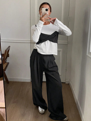 DAZY 2pcs/Set Women's Color Block Long Sleeve Round Neck T-Shirt And Wide Leg Pants